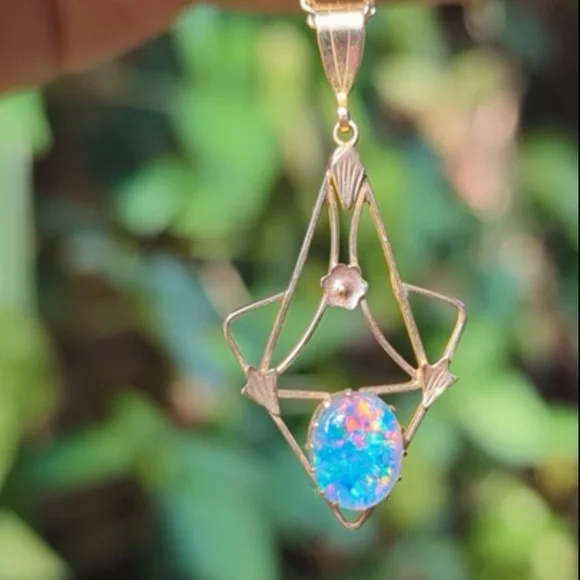 Antique Art Nouveau Australian Opal Triplet Lavaliere Pendant 9K Gold - Picture 2 of 15